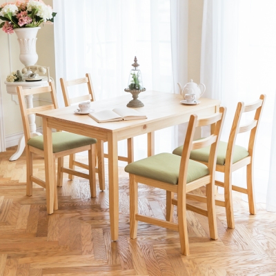 CiS自然行實木家具- 北歐實木餐桌椅組一桌四椅 74*118公分/原木+抹茶綠椅墊