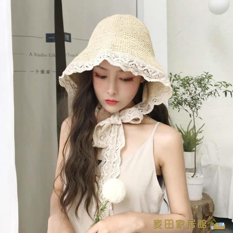 新款2021網紅草帽女秋冬夏季蕾絲編織沙灘帽海邊薄款防曬遮陽帽子 快速出貨