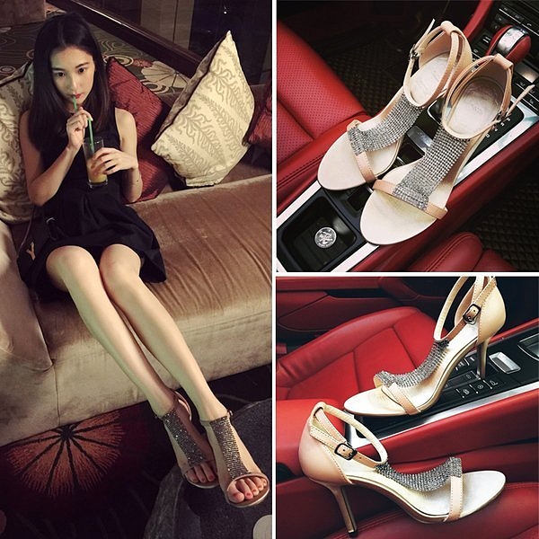 《澤米Jammy》歐美夏款裸色真皮中高跟鞋 露趾時尚簡約水鑽一字扣細帶6cm8cm女涼鞋EFA