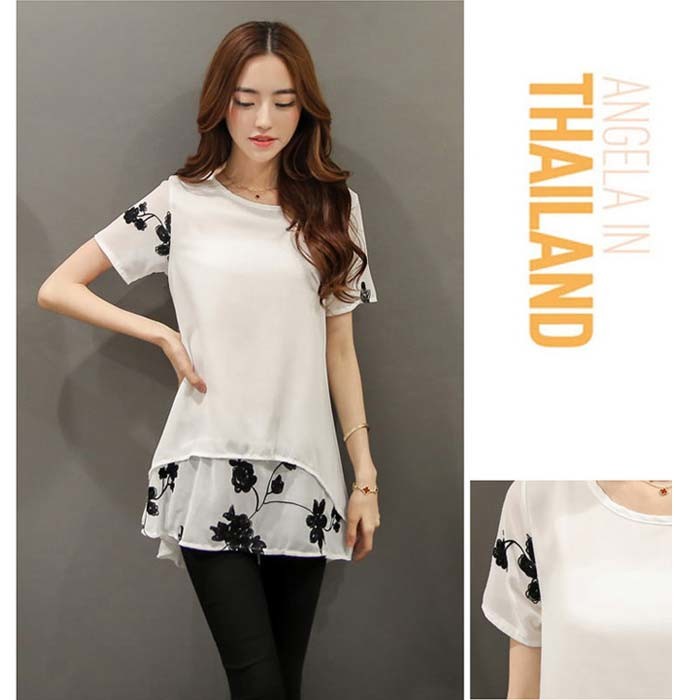 微秋美人清新刺繡假二件式雪紡上衣CNTOP