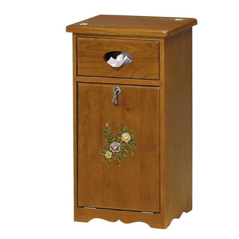 【KB314-6】彩繪垃圾桶(茶色) 寬42×深28.5×高73公分 $2,660 【商品材質】＊95%全實木＊橡膠木＊後板厚板夾板＊磁磚彩繪＊抽屜木軌【是否需要組裝】＊需簡易組裝◎品築家具精心為您的