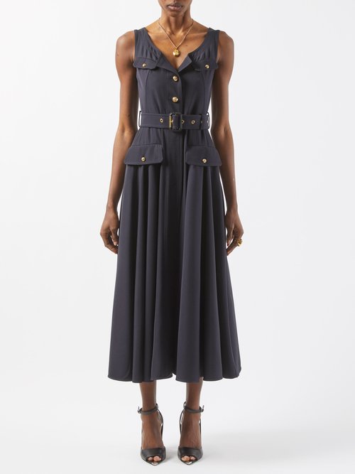 Alexander Mcqueen - Belted Twill Midi Dress - Womens - Navy
