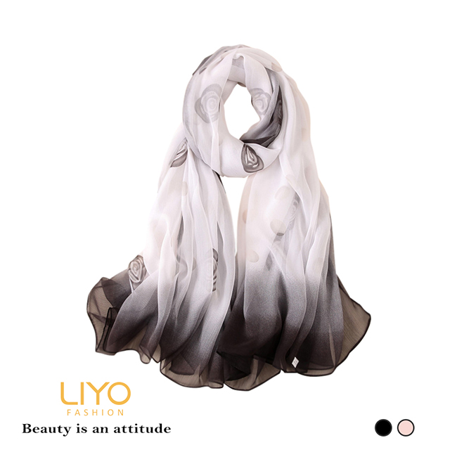 飾品-LIYO理優-絲巾披肩玫瑰印花柔軟圍巾百搭科技絲網長紗巾-國際品牌指定專機910106[新品5折]