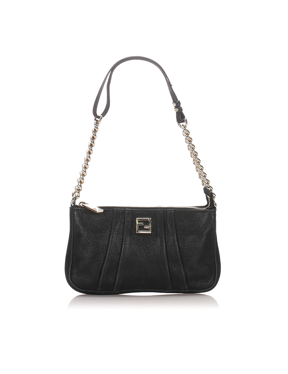 This shoulder bag features a leather body, a curb chain strap, a top zip closure, and an interior zi