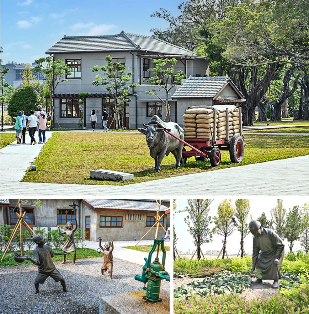 園區內表現台塑企業精神的三處銅雕：牛車廣場、打水小孩廣場、阿媽紀念花園。(上、右下：攝影/Carter、左下：圖片提供/高雄市政府新聞局)