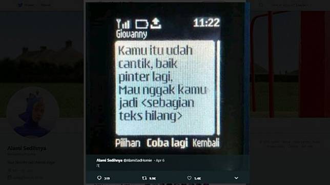 SMS di ponsel jadul. (twitter/AlamiSadHomie)
