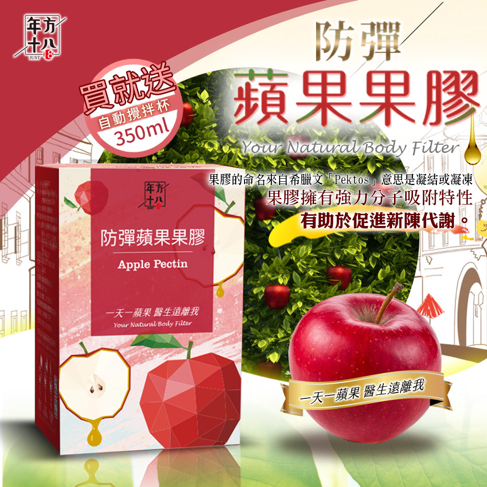 防彈蘋果果膠是年方十八防彈系列的延伸產品，由250公斤天然蘋果製造成1公斤蘋果果膠，經過獨家技術萃煉成100%水溶性奈米規格粉末、容易被人體吸收，擁有高濃度D-乳糖醛酸分子的獨特功效，可提供飽足感，並
