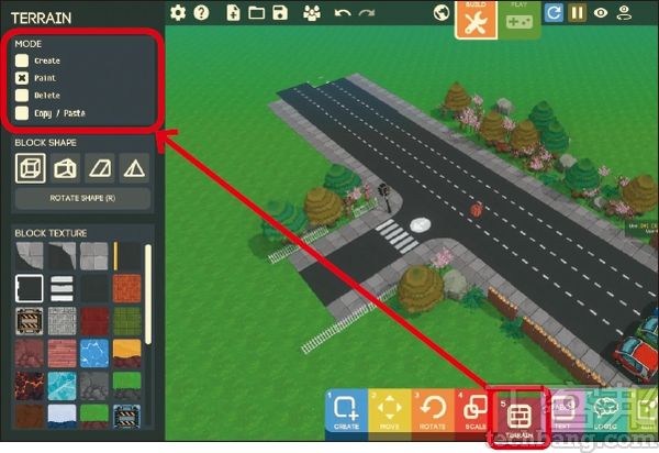 10.另在「5-Terrain」中，可在遊戲世界中加入不同材質的地磚，勾選「Paint」便會插入2D平面地磚貼圖。