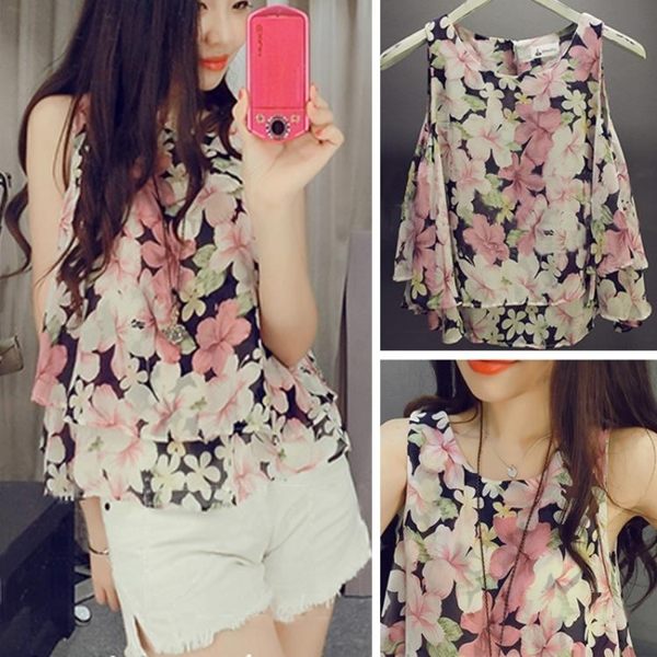 售完即止-無袖雪紡上衣 女裝碎花外穿雪紡衫吊帶衫大碼無袖印花小背心庫存清出（7-23T）