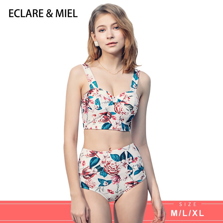 (現貨)ECLARE & MIEL - 峇里島系列熱帶花草印花蝴蝶結綁帶高腰兩件式泳裝(碎花)【CSW0043-1】