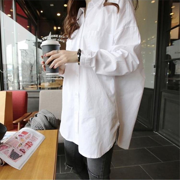 韓版白襯衫女春秋款大尺碼寬寬鬆百搭長袖中長款BF男友風大版棉質襯衣