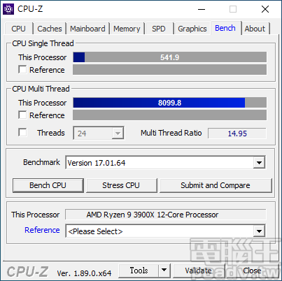 ▲ 搭配 Ryzen 9 3900X 處理器進行測試，CPU-Z 單執行緒與多執行緒分別為 541.9 分與 8099.8 分。