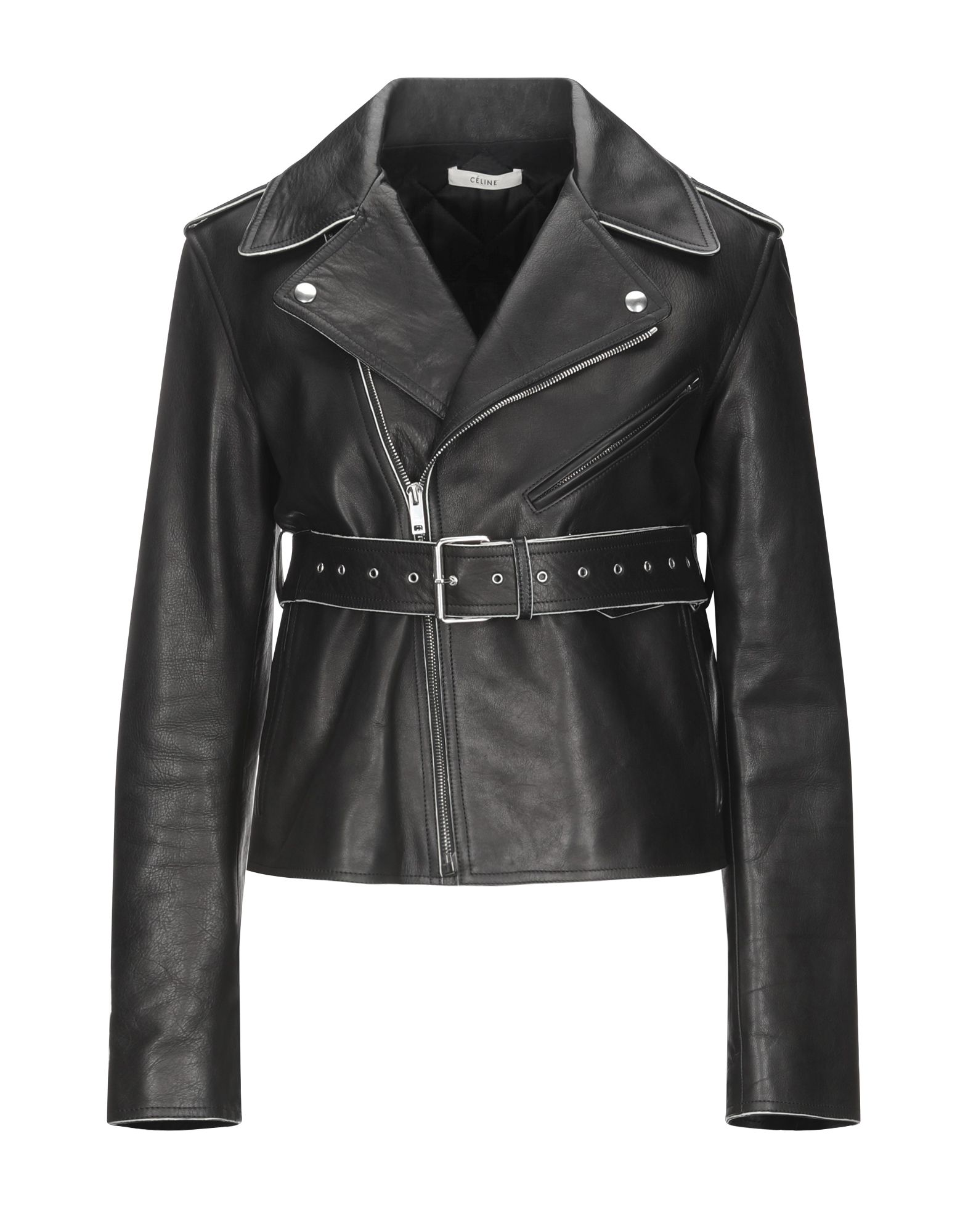 leather, belt, solid color, classic neckline, single-breasted, zip, multipockets, long sleeves, line