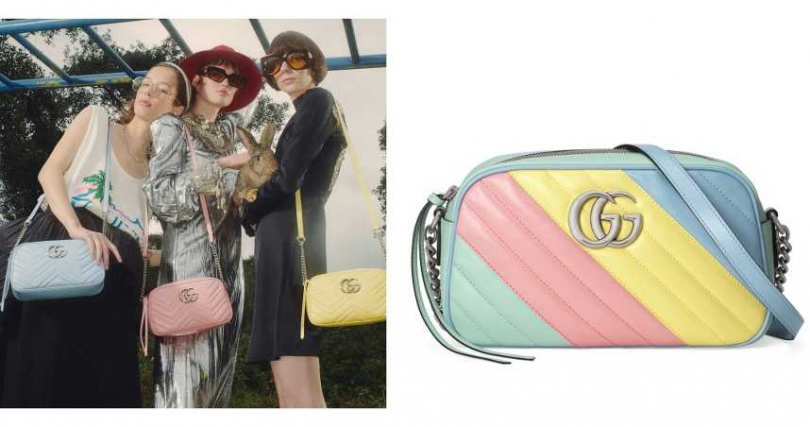 除了粉嫩色單色相機包外，春夏推出Gucci GG Marmont獨角獸系列相機包，台北SOGO復興館5/4開幕首賣。(左)Gucci GG Marmont相機包伯爵藍、玫瑰花瓣、香草檸檬三色/39,400元(右)Gucci GG Marmont獨角獸系列相機包/43,500元。(圖/品牌提供)