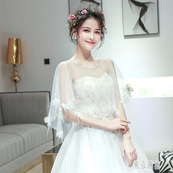 2019新款新娘禮服披肩薄款夏夏婚紗斗篷婚禮拍照一字肩斗篷網紗蕾絲坎肩女LXY2770【東京潮流】