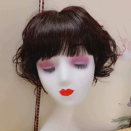 【米蘭精品】整頂假髮真髮絲短假髮-齊瀏海捲髮逼真透氣女假髮2色73vr37