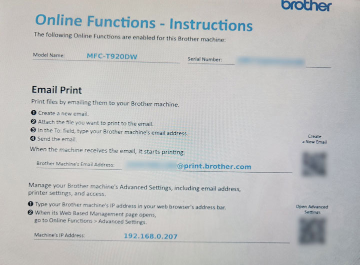 啟動完成後，MFC-T920DW 會列印出對應設備的專屬 E-Mail，之後即可透過這個電郵轉寄想要列印的信件內容，來執行遠端列印。