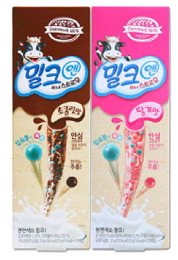 只要將一次性草莓吸管或是巧克力吸管放入鮮奶中，吸上來就會變成美味好喝的草莓牛奶或是巧克力牛奶喲~~ 品名：韓國 DONGWON 神奇吸管草莓口味 成份：砂糖，醋酸澱粉，糊精，香料(草莓香)，甜味劑(阿