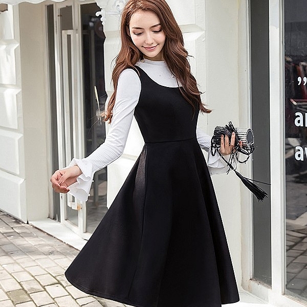 98637-QF~優雅U領~呢料~顯瘦中長款~背心裙洋裝(不含內搭上衣)