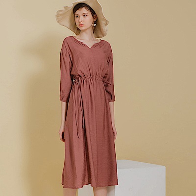 AIR SPACE LADY 鄉村風澎澎袖抽繩舒棉洋裝(磚紅)