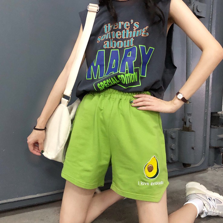 [現貨] 不規則薄款牛油果印花寬鬆運動短褲 原宿風簡約休閒短褲 直筒褲 高腰顯瘦舒適百搭短褲 寬褲 跑步褲