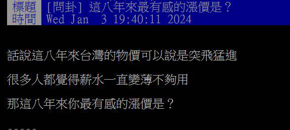 原PO發文抱怨，台灣物價在過去8年大幅上漲，許多人都認為薪水不夠用。（圖／翻攝自PTT）