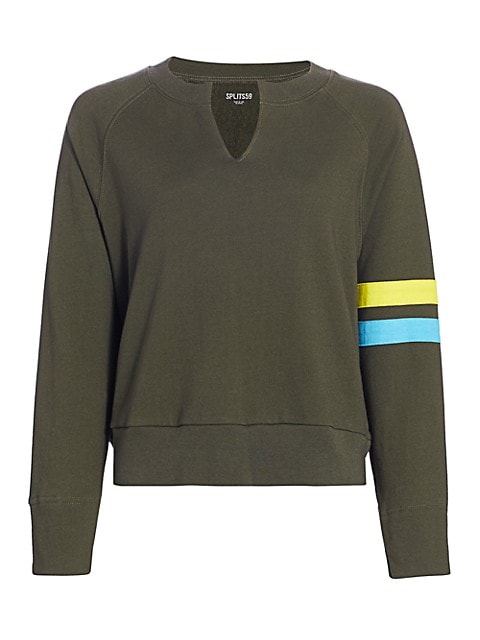 Two-tone stripes lend an athleisure touch to this cozy sweatshirt.; Split crewneck; Long sleeves; Ri