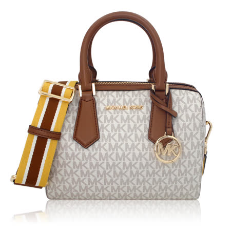 Michael Kors 經典滿版LOGO防刮寬肩帶波士頓包-香草白