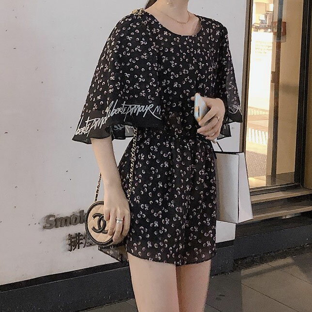 連身褲女夏季顯瘦百搭印花雪紡高腰短褲休閒松緊腰闊腿褲