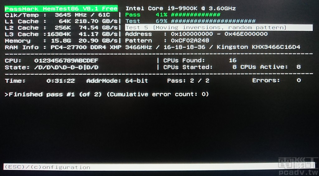 ▲ Fury DDR4 RGB DDR4-3466 8GB 於 Intel 平台以 DDR4-4133 19-19-19-44 2T 完成 MemTest86 1Pass 翻拍畫面。