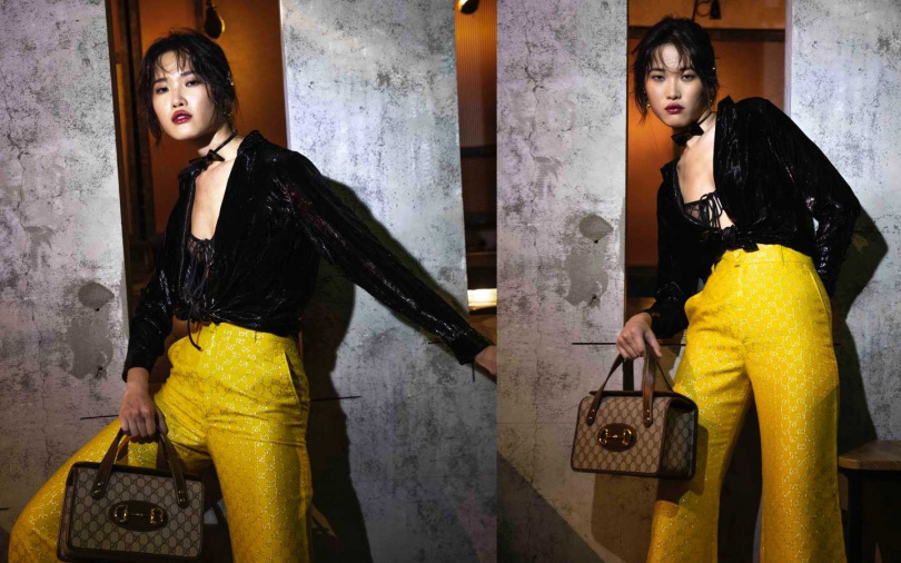 GUCCI 黑色絲絨長袖襯衫／66,000元、GG Logo蕾絲成套內衣／35,000元、黃色修身喇叭褲／48,000元、GG Supreme Horsebit 小波士頓包／52,500元、字母G蝴蝶結頸鍊／11,900元、GG Logo黃水晶耳環／22,200元、Interlocking G 水晶髮夾／13,200元（圖／莊立人攝）