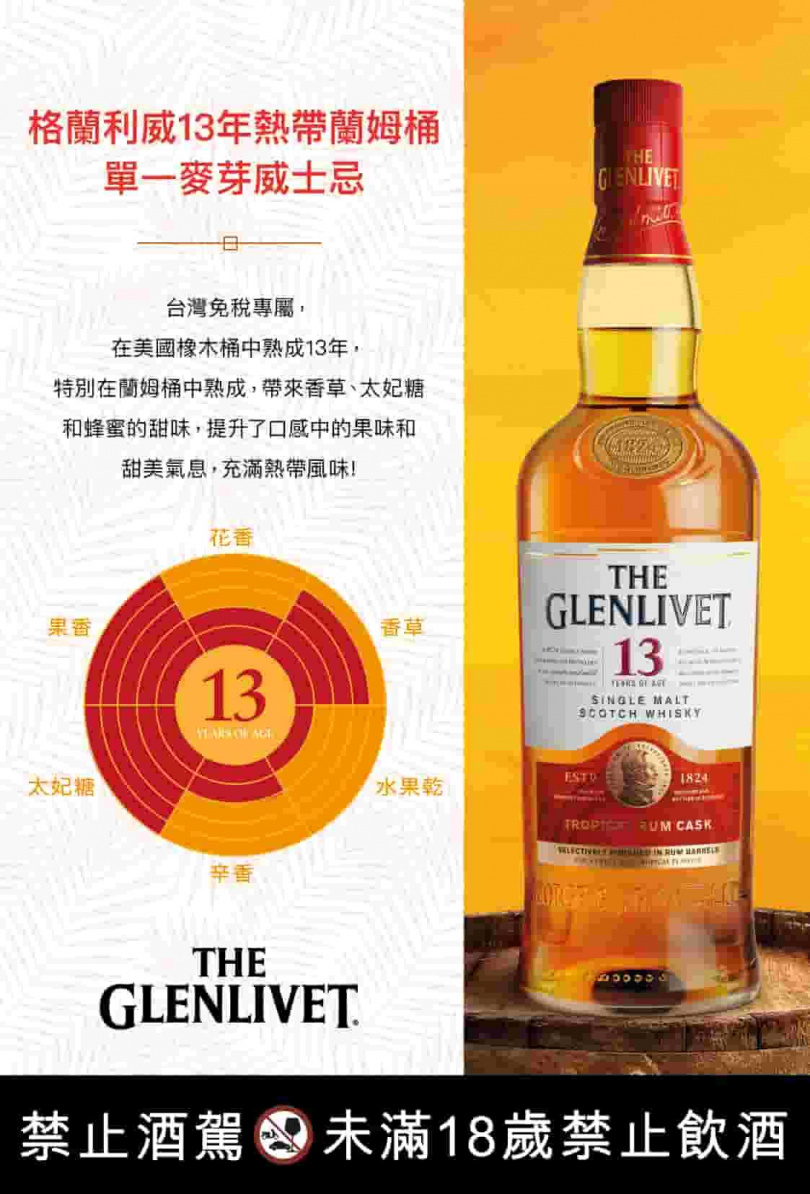 格蘭利威 13 年熱帶蘭姆桶單一麥芽威士忌，在美國橡木桶中完全成熟 13 年後，部分酒過桶於蘭姆酒桶，無論是純飲或調製雞尾酒享用都十分適合。