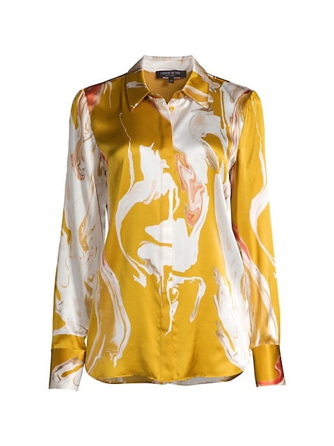 A fine silk button-down blouse with a swirling abstract pattern.; Point collar; Long sleeves with bu
