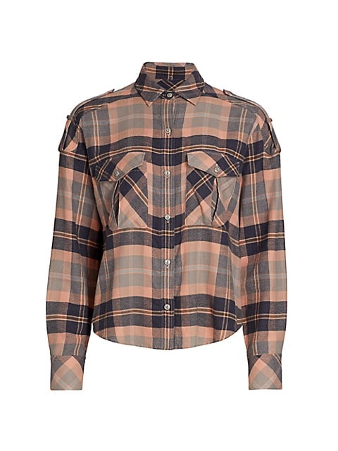 A handsome plaid pattern defines this woven button-front shirt featuring shoulder epaulettes.; Point