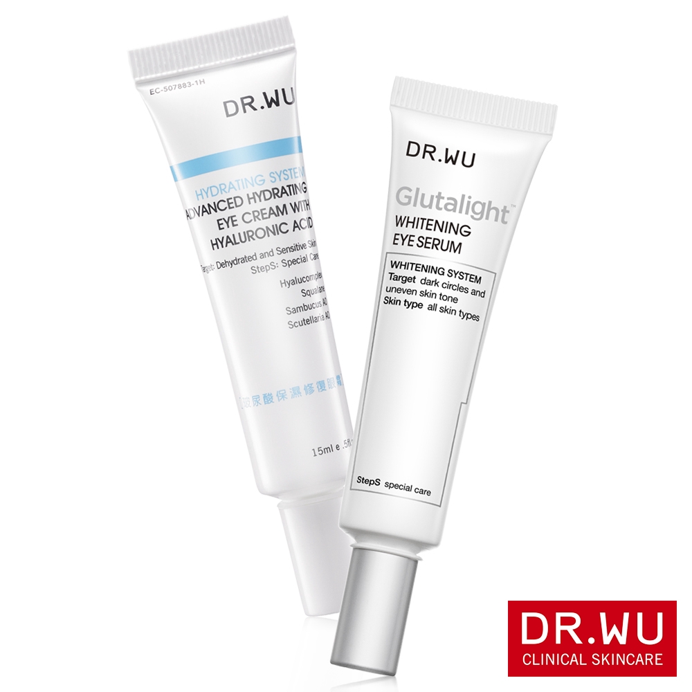【商品規格】◆商品名稱：DR.WU 亮眼明眸極效療程組◆商品規格：潤透光美白眼部精華液15MLX1+玻尿酸保濕修復眼霜15MLX1◆產地貨源：台灣/公司貨◆保存期限：保存期限3年、製造日期或有效期限，