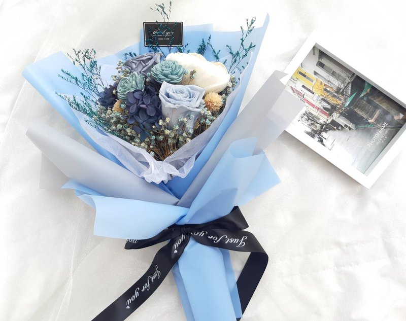 商品名稱:莫蘭迪色系不凋玫瑰花束 商品內容：不凋玫瑰，兔尾草，棉花，滿天星，卡斯比亞等 花束尺寸：長約35cm 展開寬度約33cm