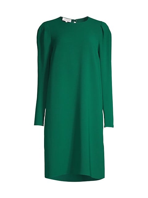 Chic long-sleeve dress with a shift silhouette, double button keyhole at back neck, and pleats at th