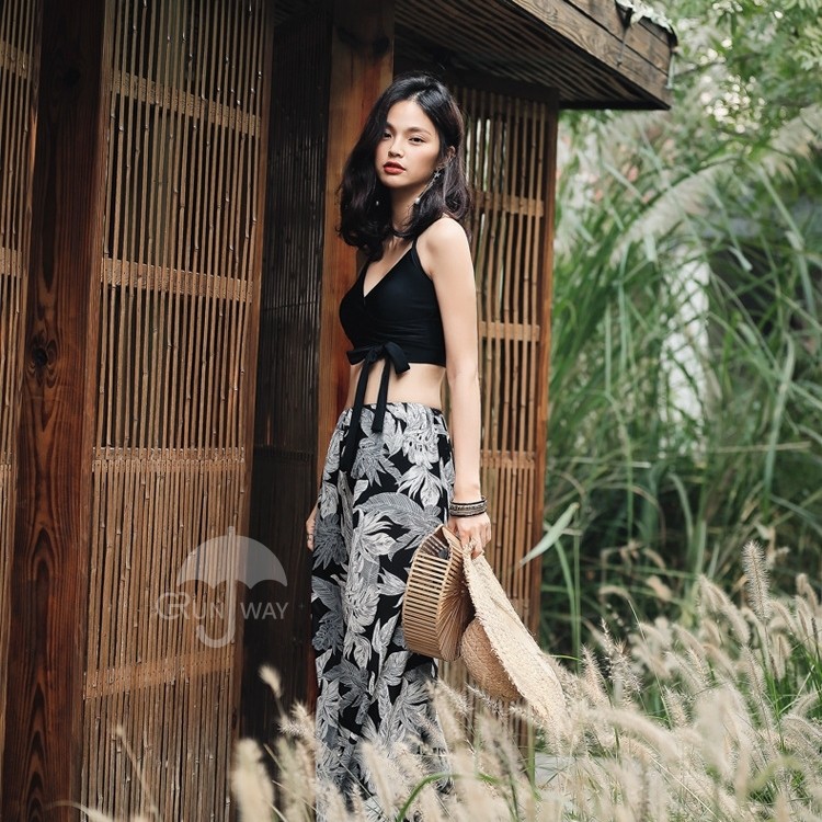 【現貨】渡假風 蝴蝶結綁帶 平口褲 大葉子寬版褲 三件套 黑白 舒適無鋼圈 泳衣