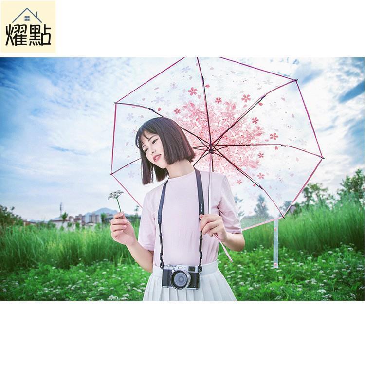 夏日清新 創意櫻花透明三折雨傘 櫻花印花 日系文藝女生可愛雨傘 折疊傘