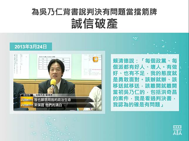 <span>2013年時任台南市長的賴清德，為了擔保台糖前董座吳乃仁，不惜表態用政治生命來保證清白，2014年吳乃仁被判刑9個月，如今已刑滿出獄，卻狡辯判決書有問題。<span style=