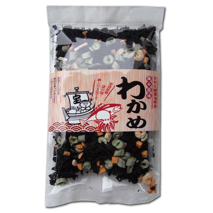 海太郎 海的珍味海帶芽Seafood Flavor Seaweed■成 分：海帶芽、蝦仁、蟹玉棒、蘿蔔、敏豆■內容量：70g ■產 地：台灣■有效期限：1年■保存方法：置於陰涼乾燥處，避免陽光直射，開