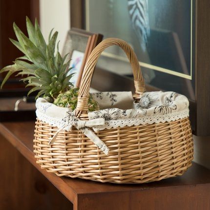 野餐籃 水果籃子藤編收納籃金柳家居禮品籃竹籃手提筐田園野餐籃菜籃T