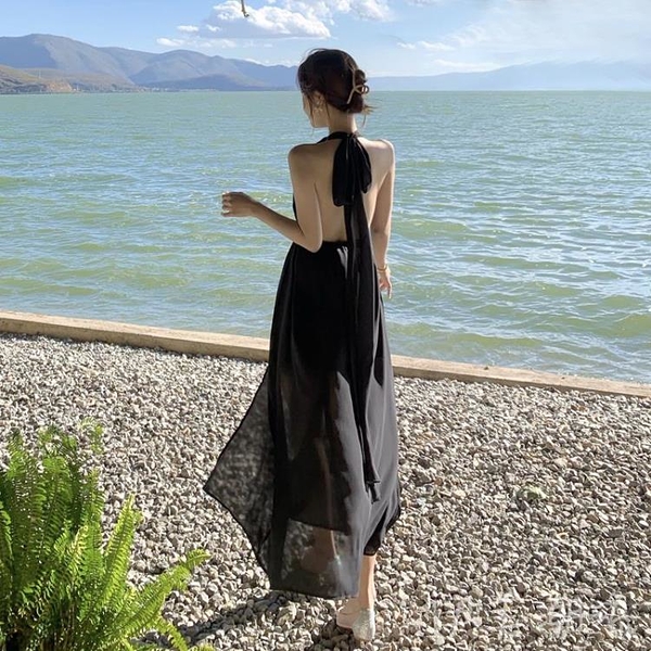 露背洋裝 小禮服 三亞海邊度假大露背沙灘裙巴厘島性感深V掛脖雪紡連身裙綁帶長裙