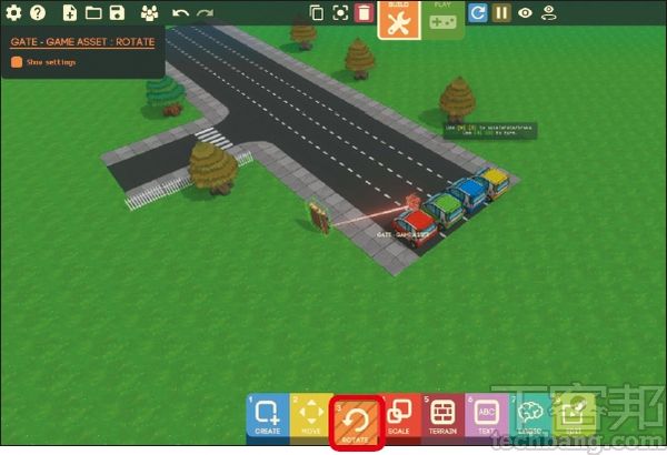 7.若要變更物件的方向，那麼只需換至下方工具欄的「3-Rotate」，按住滑鼠左右。