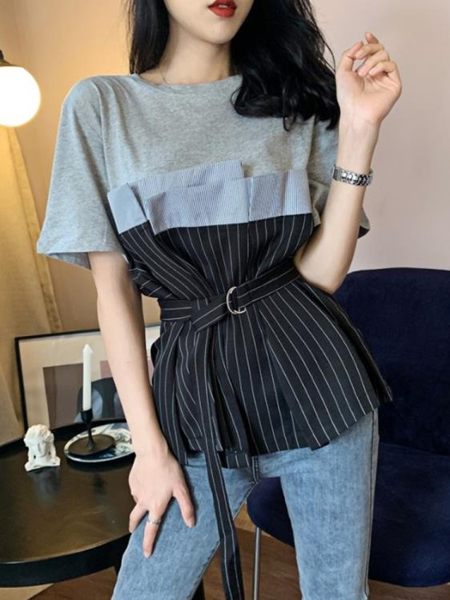 夏季女圓領顯瘦條紋拼接假兩件上衣女腰帶收腰網紅短袖寬鬆t恤女 嬌糖小屋