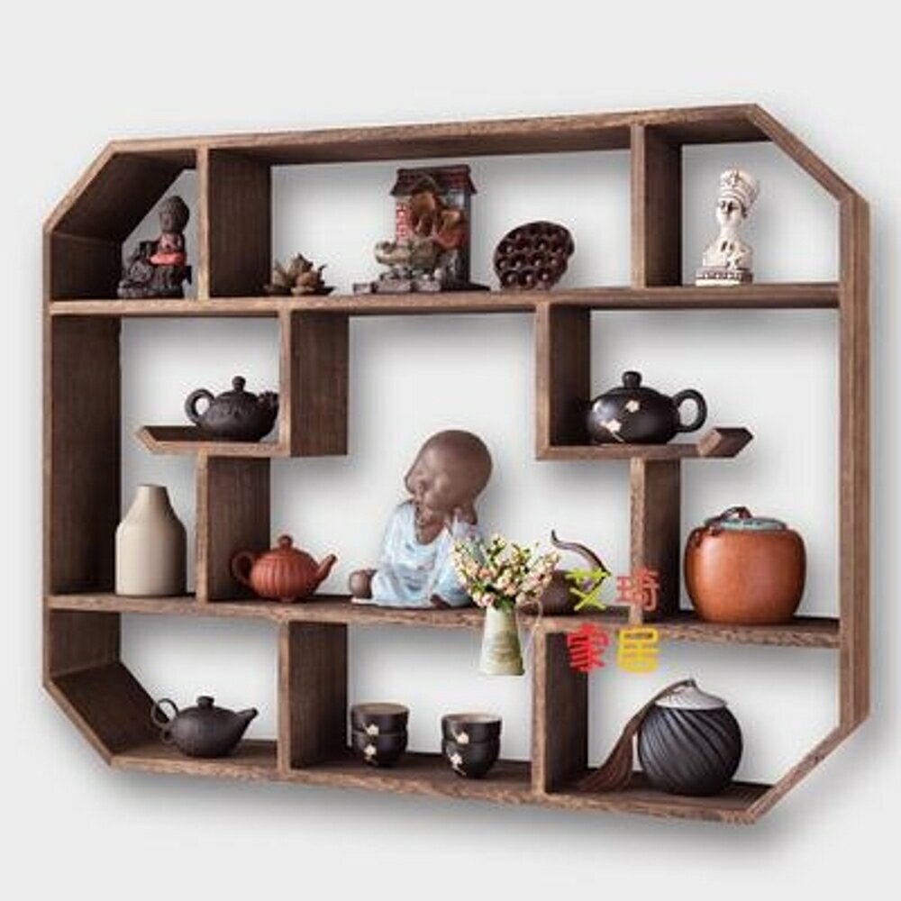 掛牆博古架 實木中式壁掛式多寶閣掛牆茶壺架子擺架置物架簡約現代古董T