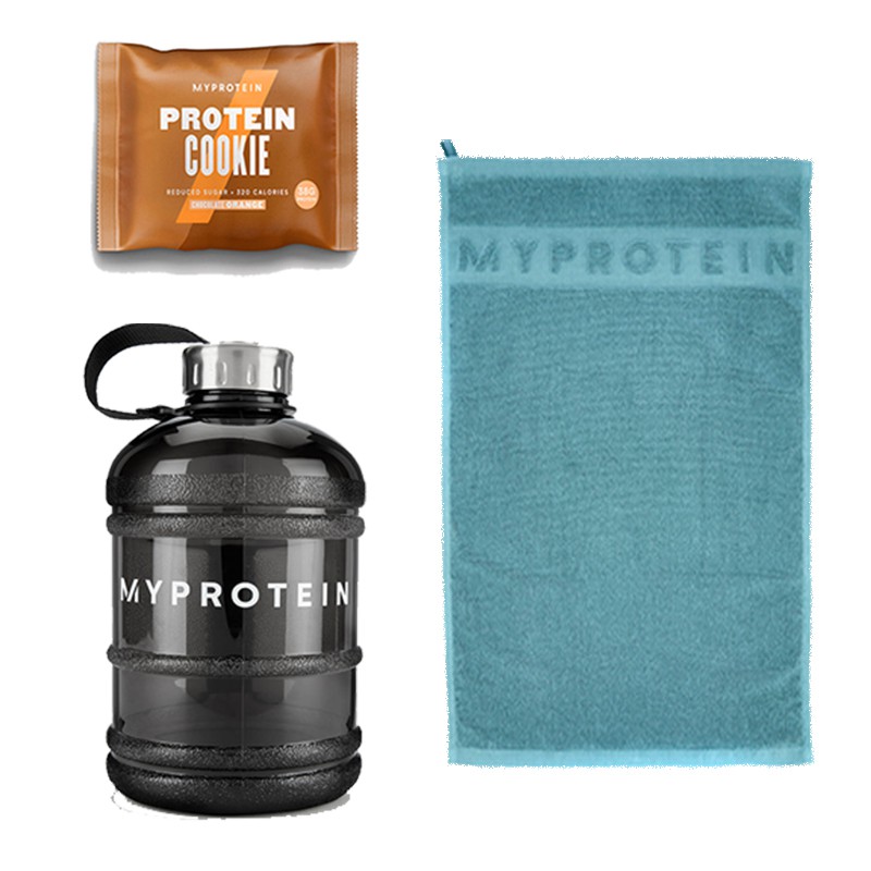 內容物：MyProtein 大容量運動水壺 1.9 升一個MyProtein 運動毛巾一個 MyProtein 蛋白餅乾一個 (口味、款式随機) 1. 因超商取貨有5kg的重量限制,如果購買超過二包乳