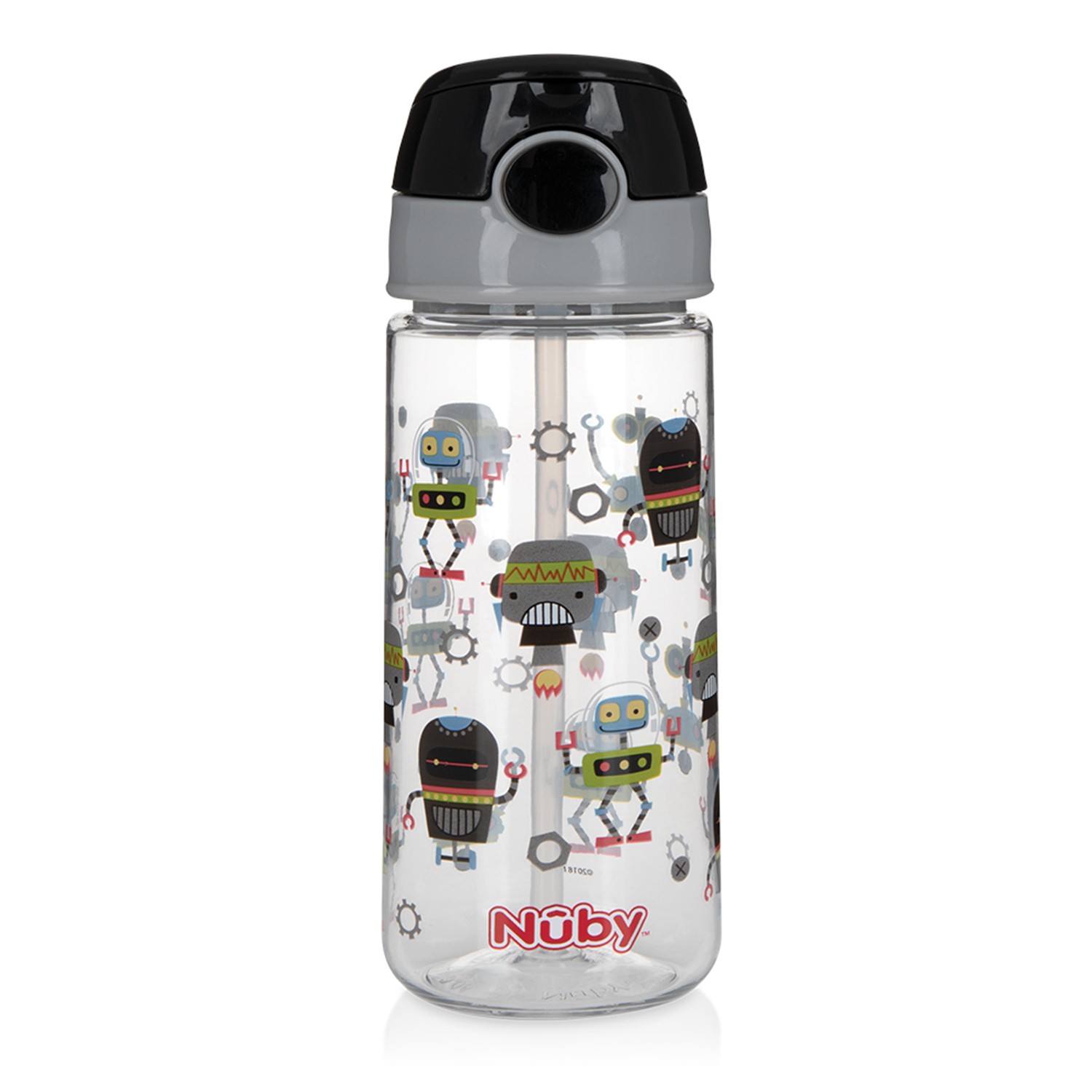 Nuby - 晶透運動水杯細吸管(18M+)-黑灰機器人-532ml