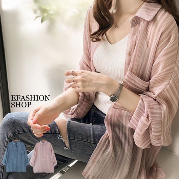 隱約直條紋麻紗長版襯衫-eFashion 預【K16501184】