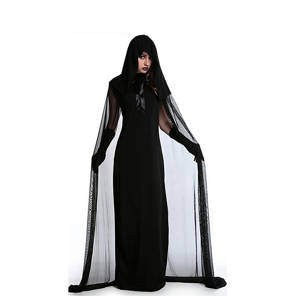 萬聖節服裝 大童 大人 黑夜幽靈長袍+紗質連帽披風+黑手套 連身裙 角色扮演 cosplay 橘魔法